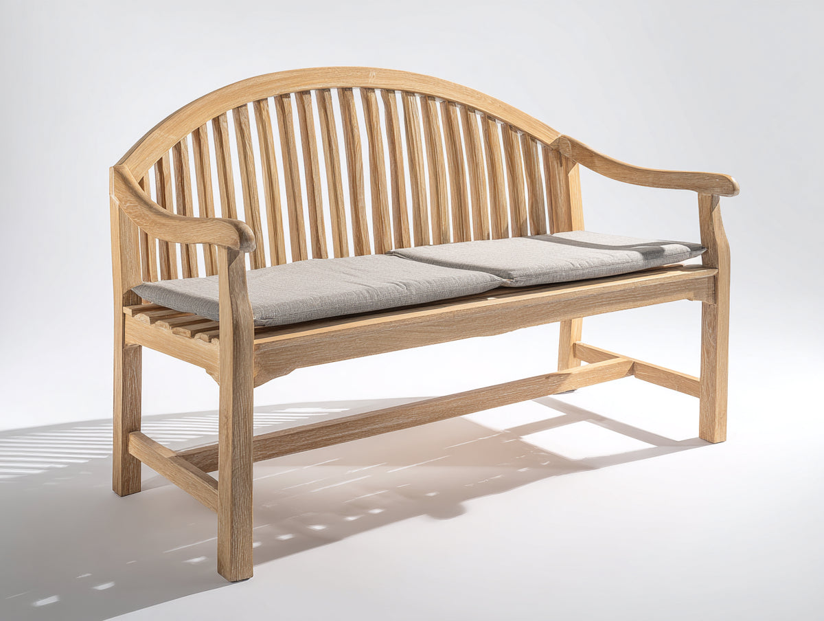 Bancos de jardín de madera 150x60x90 cm - Madera natural y gris claro - Respaldo curvo y asiento acolchado