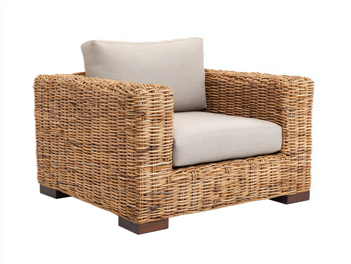 Sillón de ratán natural 85x90x85 cm - Cojines beige - Diseño moderno