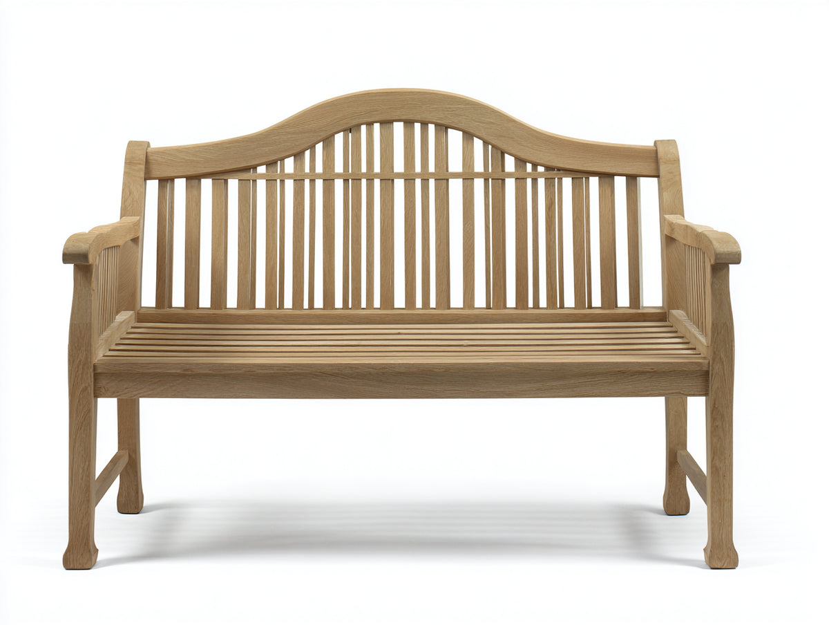 Banco de jardín de madera natural 150 x 60 x 90 cm - respaldo curvado y reposabrazos - estilo clásico para terraza y jardín