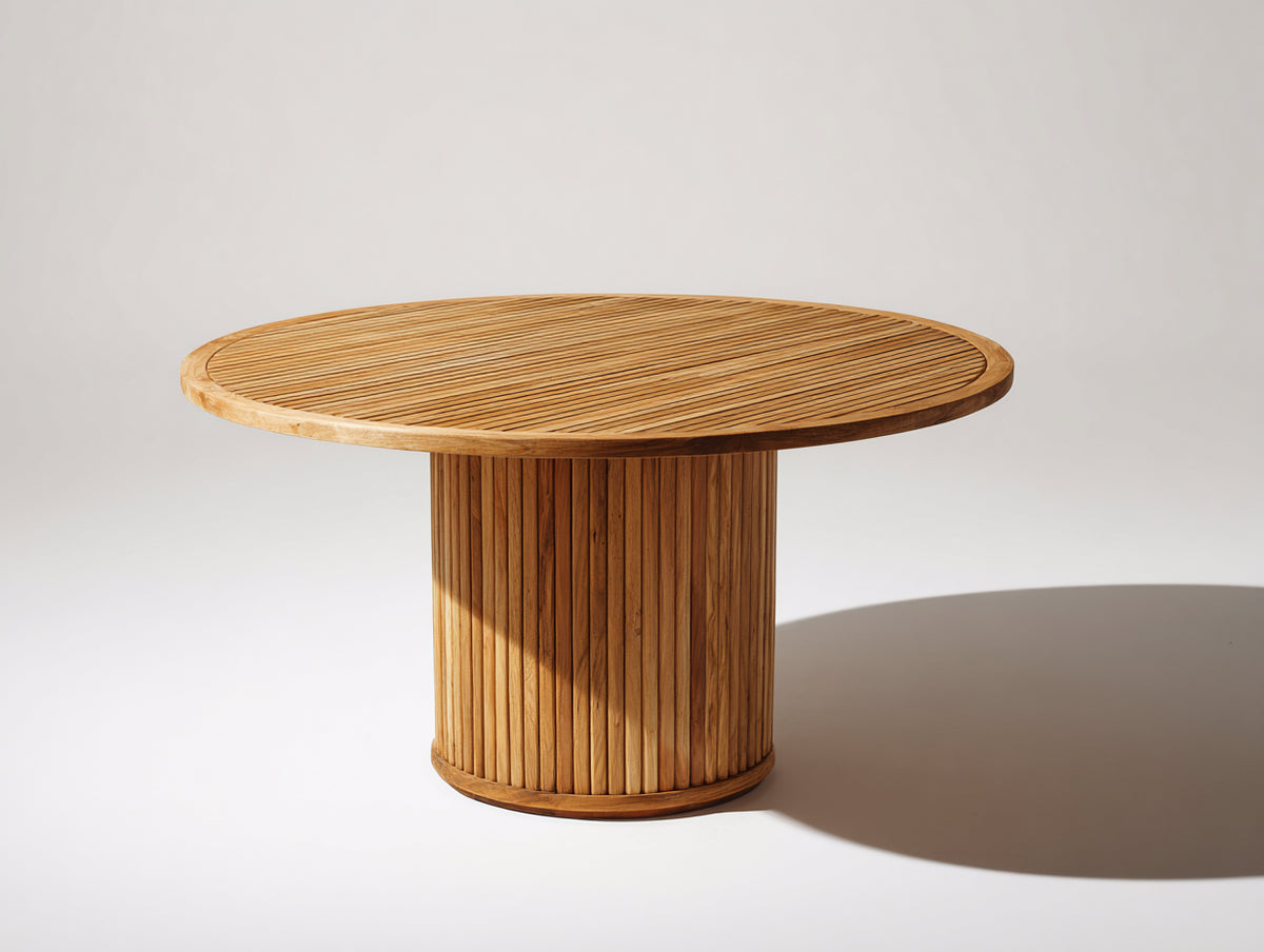 Mesa de jardín de madera 120x120x75 cm - madera natural - estilo moderno con diseño redondo y base cilíndrica