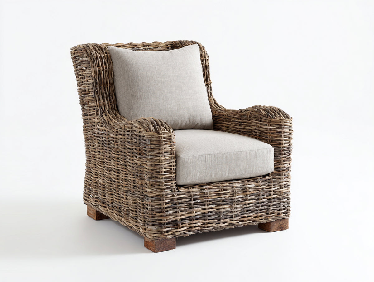 Sillones de ratán 82x84x90 cm - Ratán marrón natural y beige claro - Sillón individual con asiento acolchado