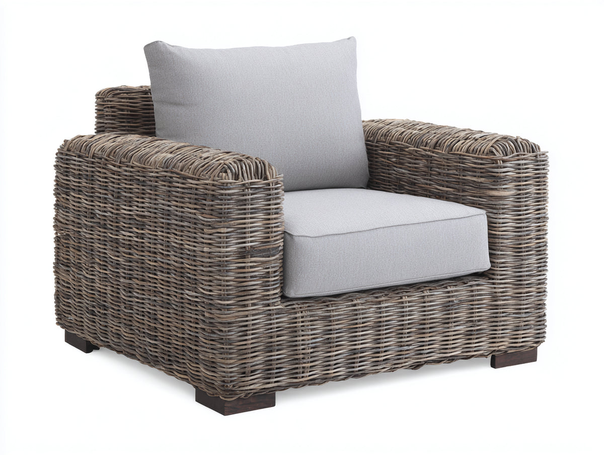 Sillón de ratán sintético 90x85x75 cm - gris natural - estilo moderno con cojín de asiento y respaldo