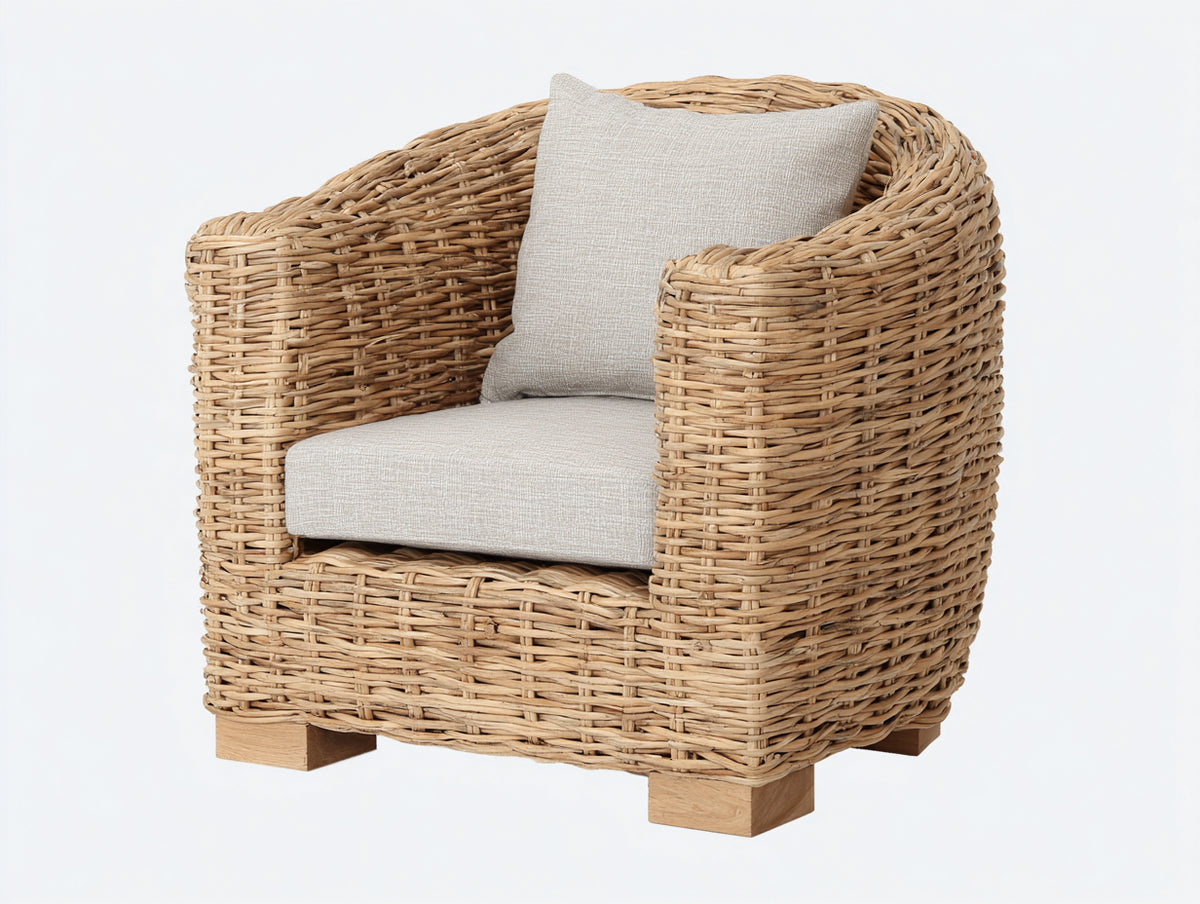 Sillón de ratán natural 80 x 80 x 75 cm - asiento y cojín beige - diseño moderno para interior y exterior