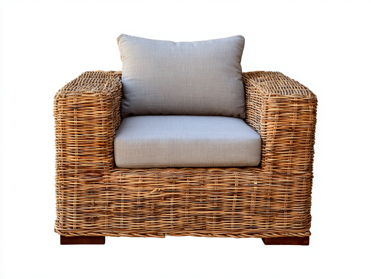 Sillones de ratán 88x84x82 cm - Ratán natural y gris claro - Sillón individual con asiento acolchado