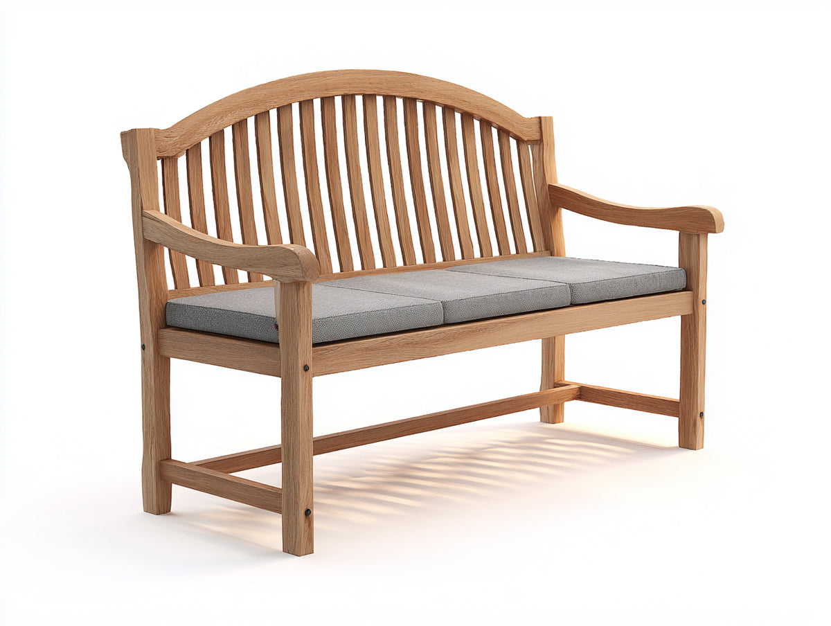 Banco de jardín de madera natural 150 x 60 x 90 cm - asiento con cojín gris y reposabrazos - diseño clásico para exterior