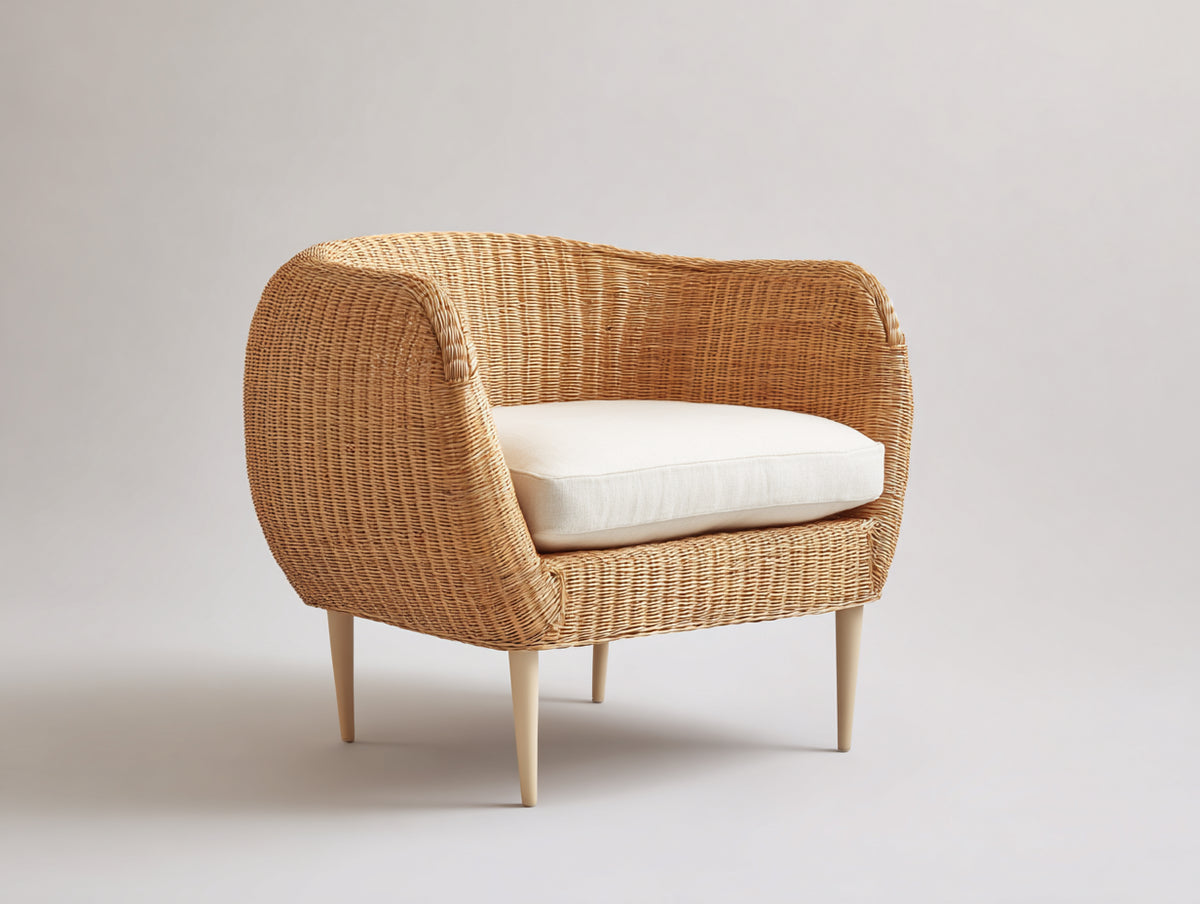 Sillón de ratán natural 75 x 75 x 80 cm - asiento con cojín blanco - diseño moderno para interior y exterior