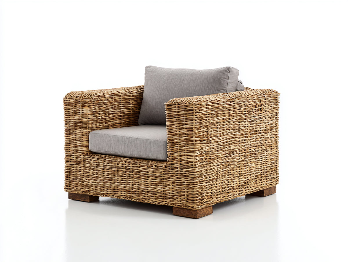 Sillón de ratán natural 85 x 85 x 75 cm - asiento y respaldo con cojines grises - diseño moderno para interior y exterior