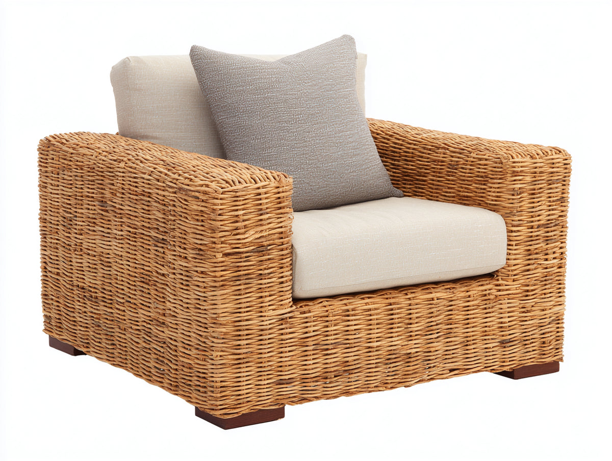 Sillón de ratán sintético 90x85x75 cm - marrón natural-beige - estilo moderno con cojines de asiento y respaldo
