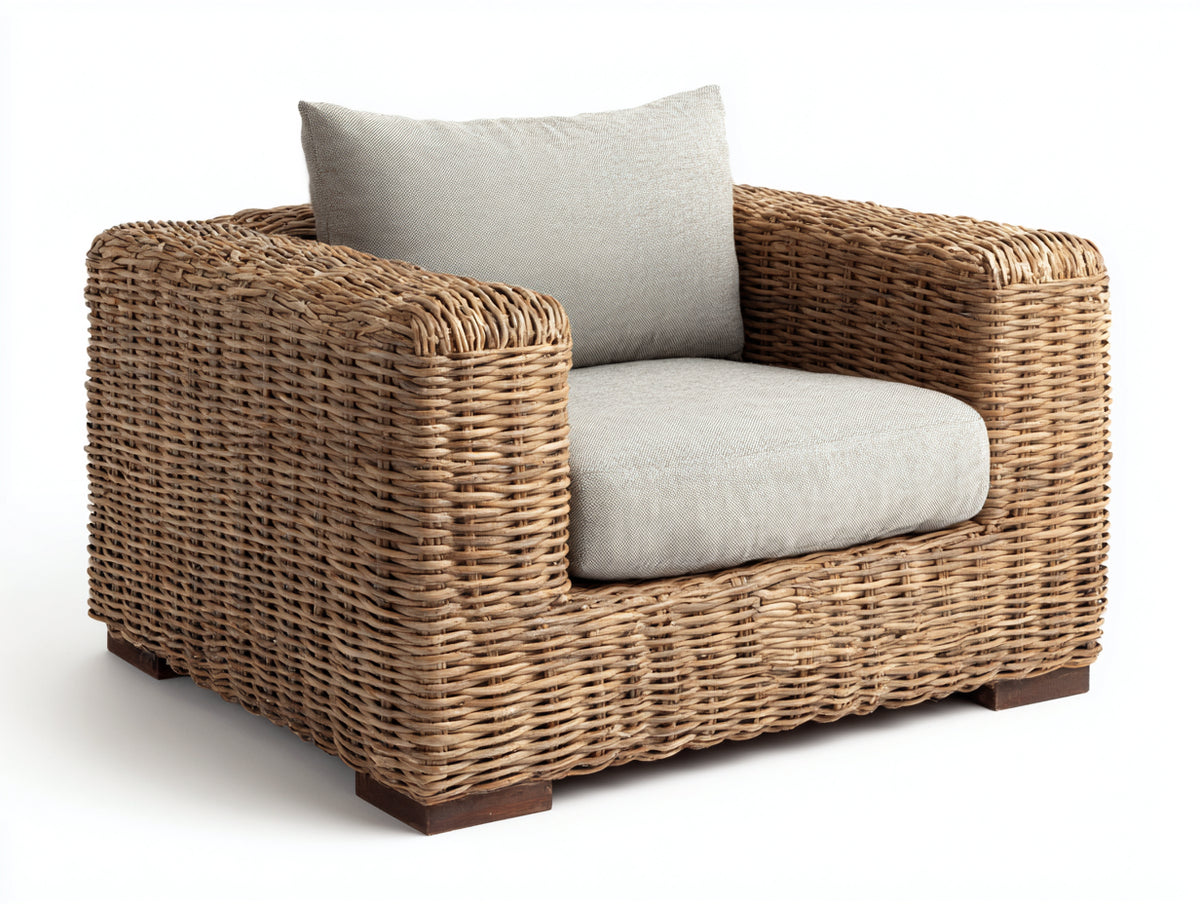 Sillón de ratán sintético 85x85x75 cm - marrón natural - estilo moderno con cojín de asiento