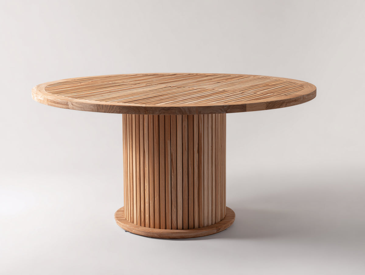 Mesa de jardín de madera 120x120x75 cm - madera natural - estilo moderno con diseño redondo y base central